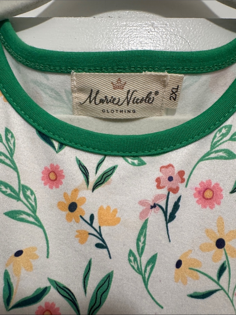 Girls' White Floral Dress with Green Trim - Picture 3 of 4